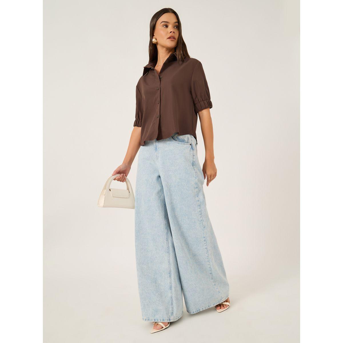 Styli Solid Puff Sleeve Boxy Fit Spread Collar Shirt-women-clothing-shirtsandblouses-shirts-image-2