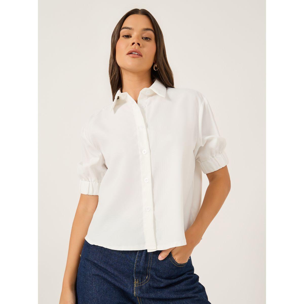 Styli Solid Puff Sleeve Boxy Fit Spread Collar Shirt-women-clothing-shirtsandblouses-shirts-image-1