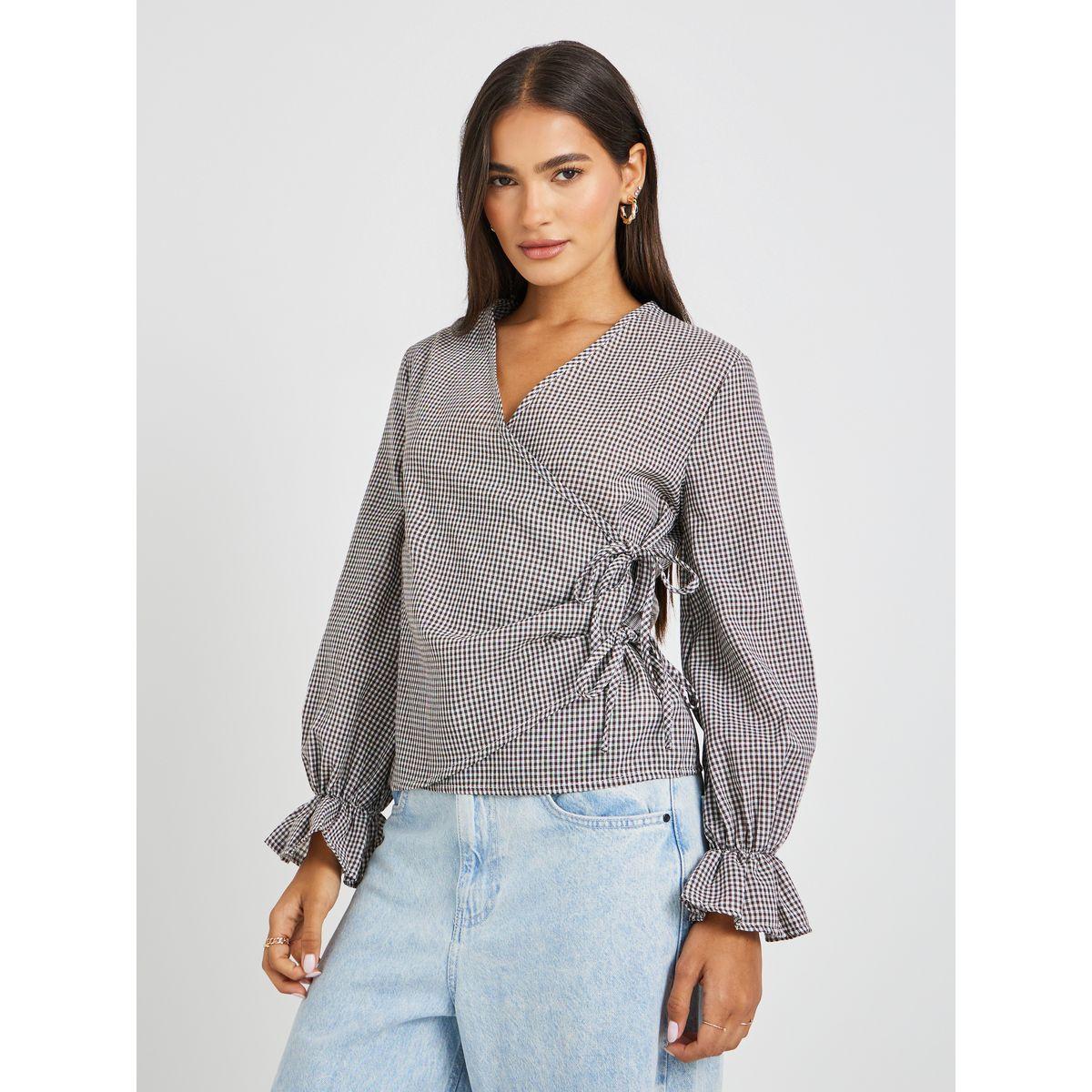 Styli Gingham Print Wrap Top with Tie-Up Detail-women-clothing-shirtsandblouses-blouses-image-1