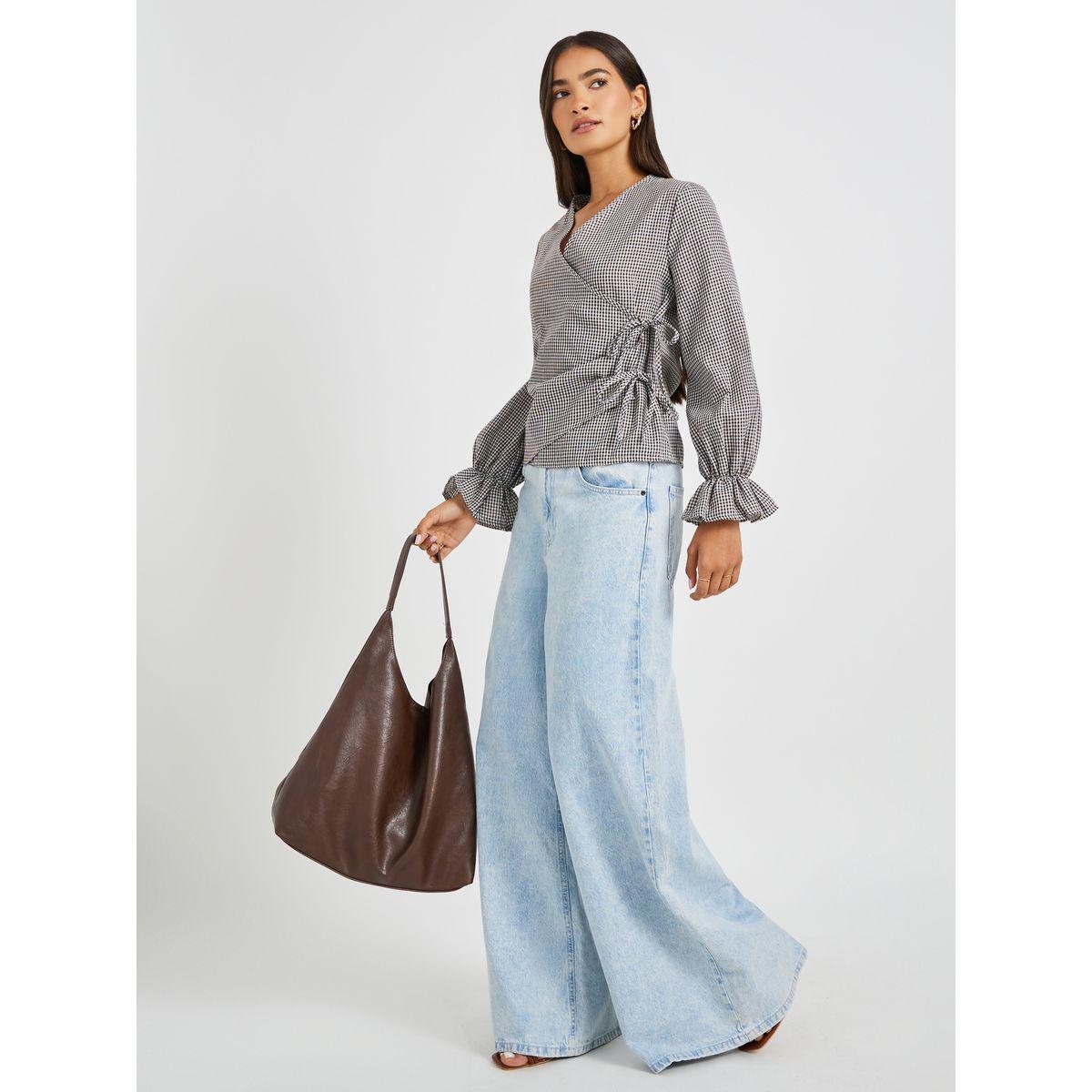 Styli Gingham Print Wrap Top with Tie-Up Detail-women-clothing-shirtsandblouses-blouses-image-2