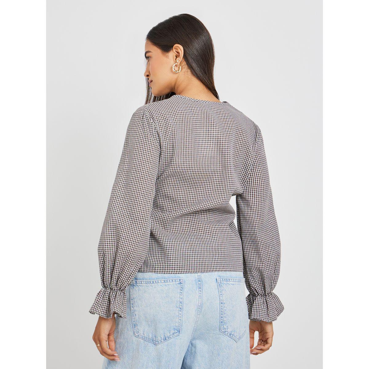 بلوزة بطبعة جينجام ونمط لف مع أربطة-women-clothing-shirtsandblouses-blouses-image-4