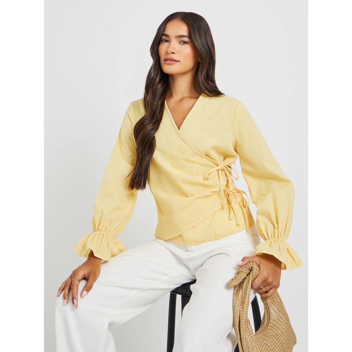 Styli Gingham Print Wrap Top with Tie-Up Detail-women-clothing-shirtsandblouses-blouses-image-1