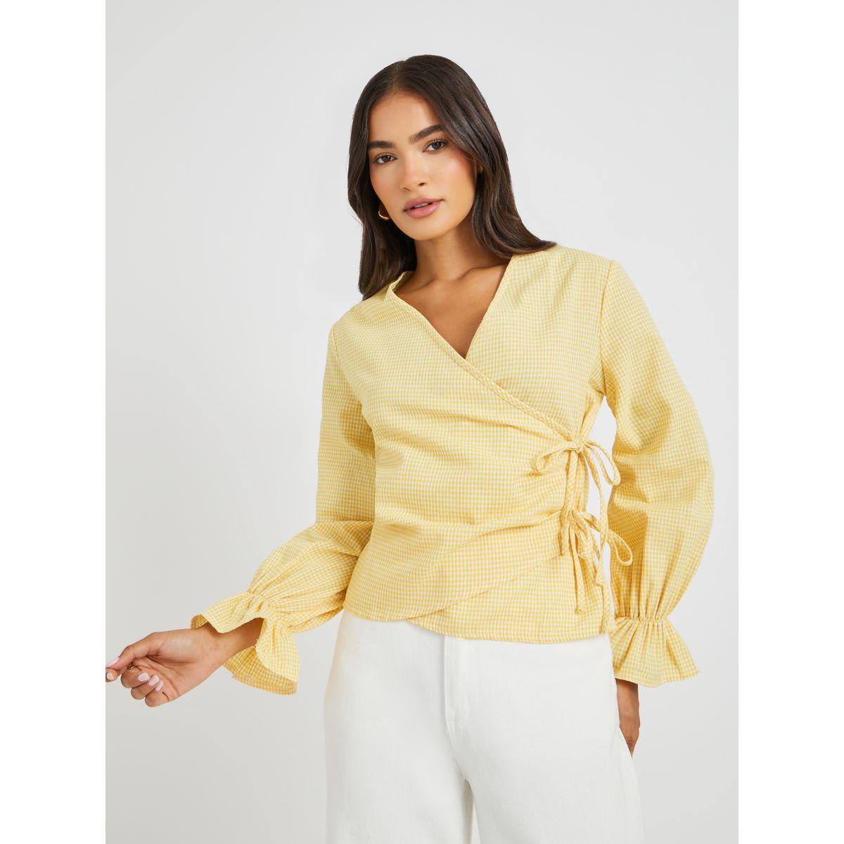 بلوزة بطبعة جينجام ونمط لف مع أربطة-women-clothing-shirtsandblouses-blouses-image-2