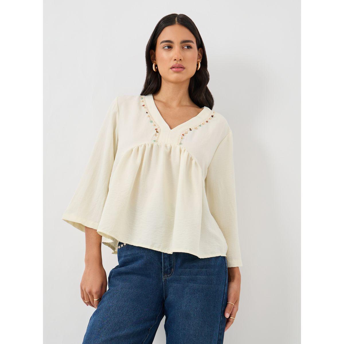 Styli Embellished Lace Detail V-Neck Peplum Blouse-women-clothing-shirtsandblouses-blouses-image-1