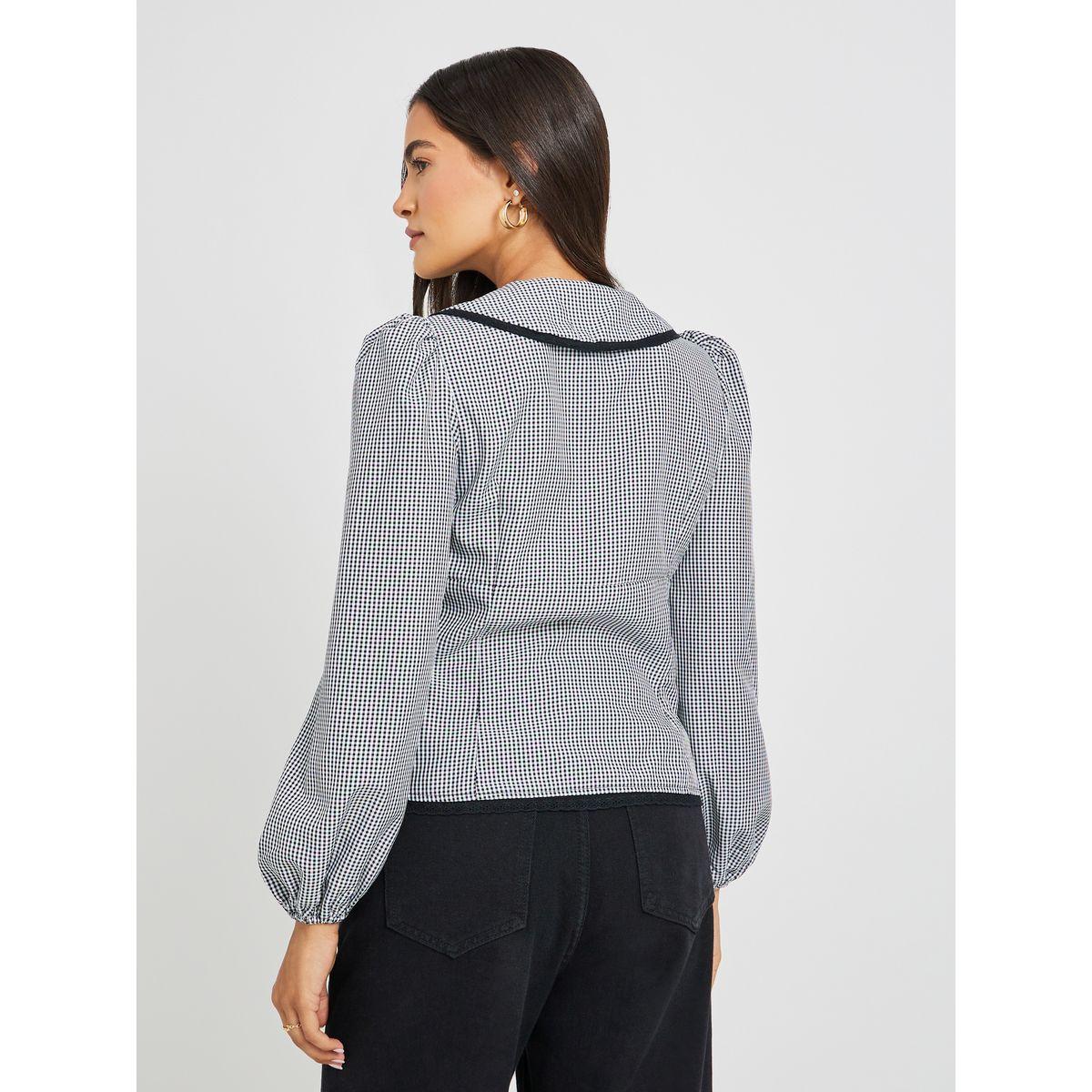 بلوزة بقصة مريحة وطبعة جينجام مع أكمام بالون-women-clothing-shirtsandblouses-shirts-image-4