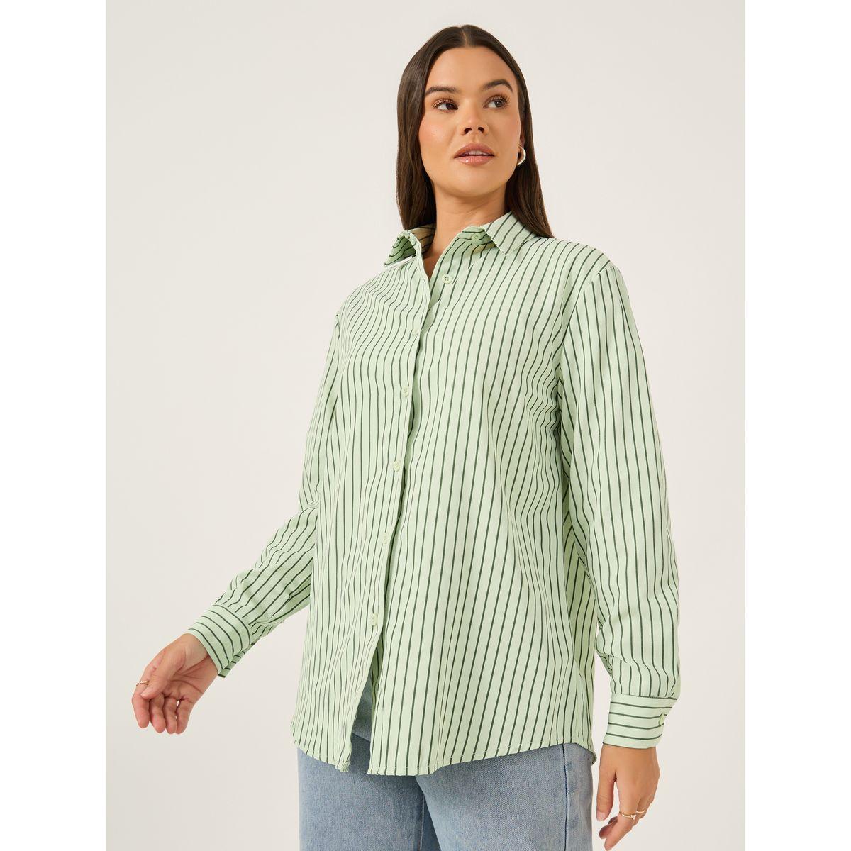 بلوزة مخططة بقصة عادية وياقة سبريد-women-clothing-shirtsandblouses-shirts-image-3
