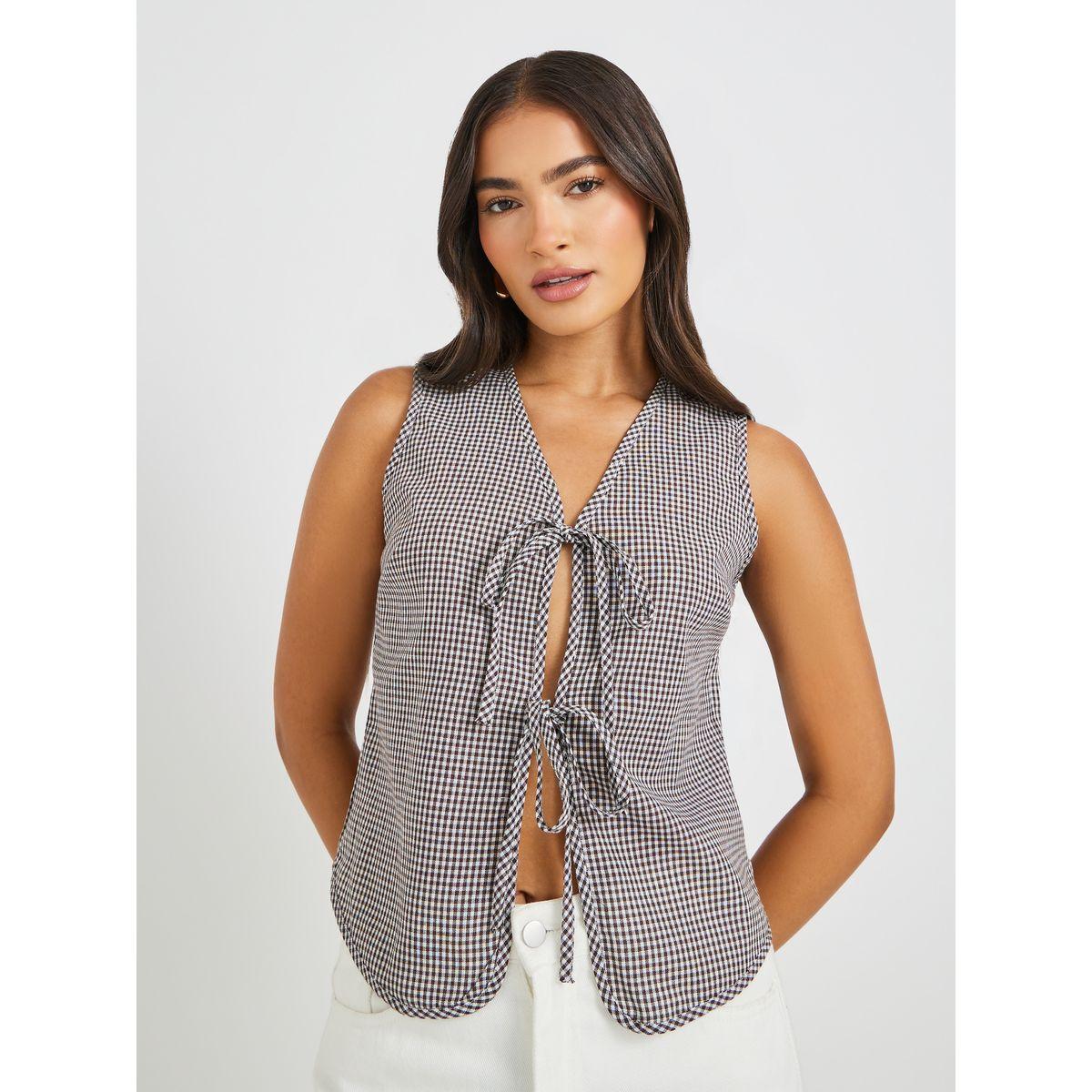 بلوزة بلا أكمام بطبعة جينجام مع أربطة-women-clothing-shirtsandblouses-blouses-image-1