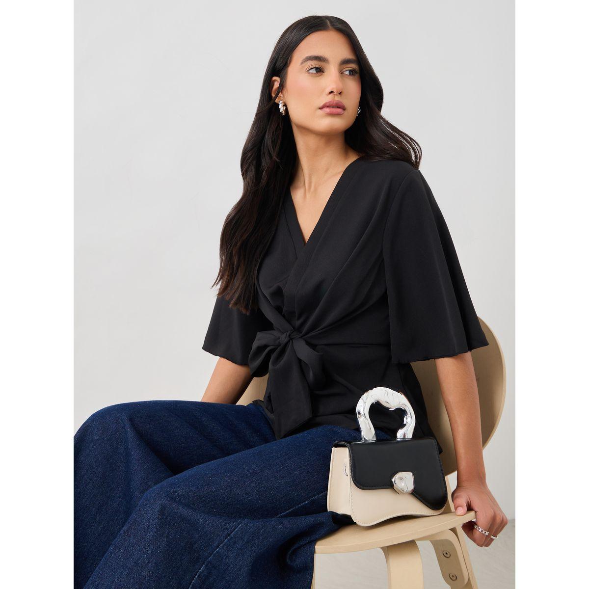Styli Solid V-Neck Tie-Up Waist Blouse-women-clothing-shirtsandblouses-blouses-image-1