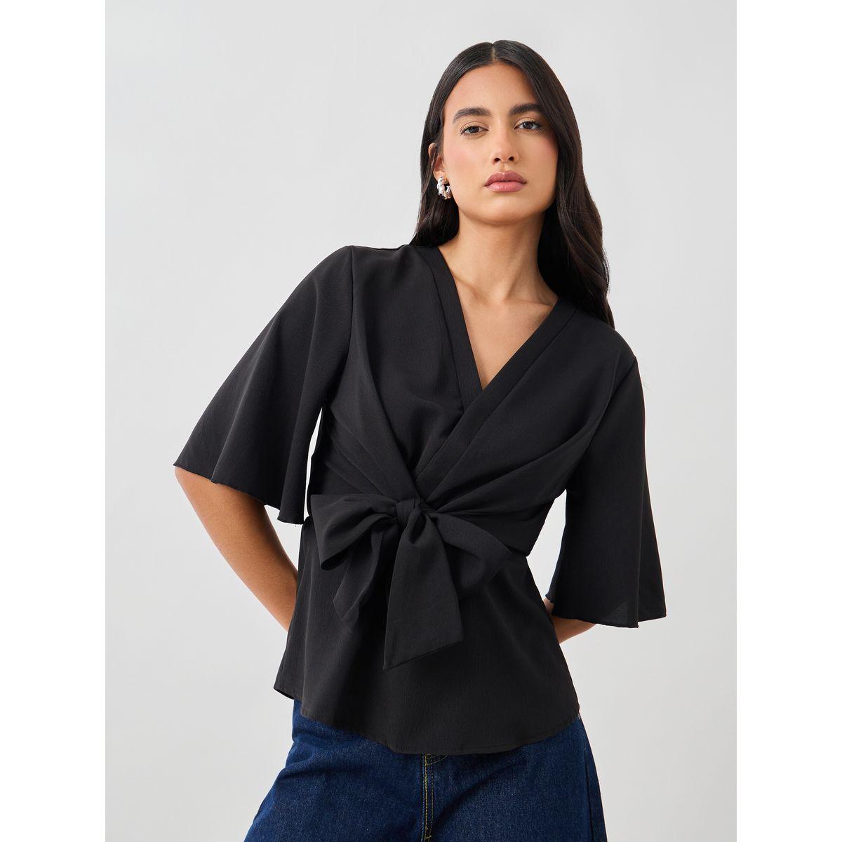 Styli Solid V-Neck Tie-Up Waist Blouse-women-clothing-shirtsandblouses-blouses-image-3