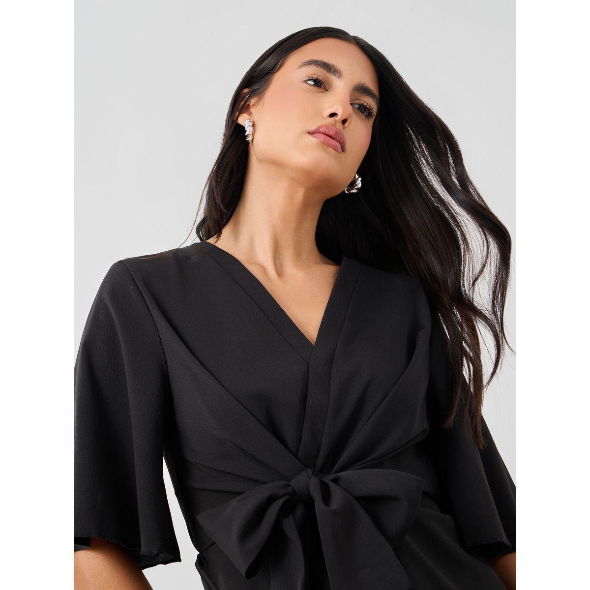 Styli Solid V-Neck Tie-Up Waist Blouse-women-clothing-shirtsandblouses-blouses-image-4