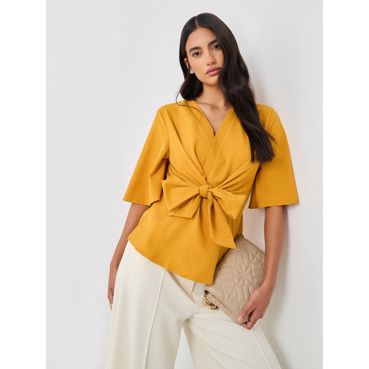 Styli Solid V-Neck Tie-Up Waist Blouse-women-clothing-shirtsandblouses-blouses-image-1