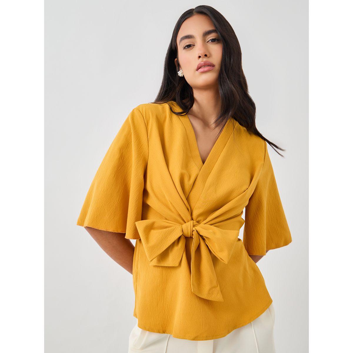 Styli Solid V-Neck Tie-Up Waist Blouse-women-clothing-shirtsandblouses-blouses-image-4