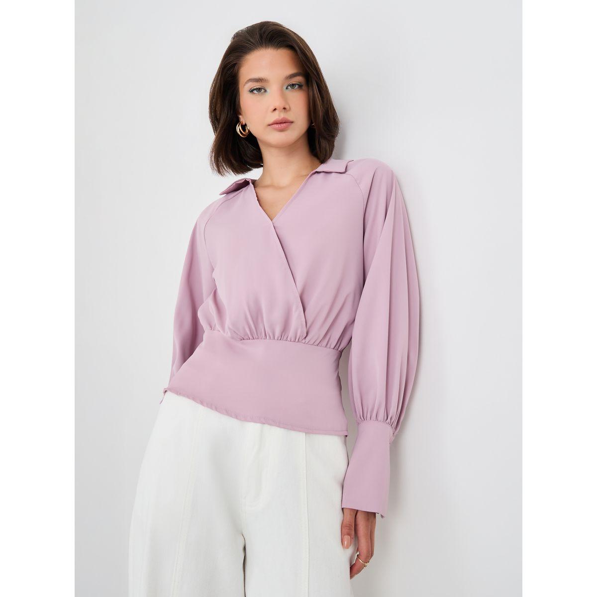 Styli Cuffed Long Sleeve Collared Wrap Blouse-women-clothing-shirtsandblouses-blouses-image-1