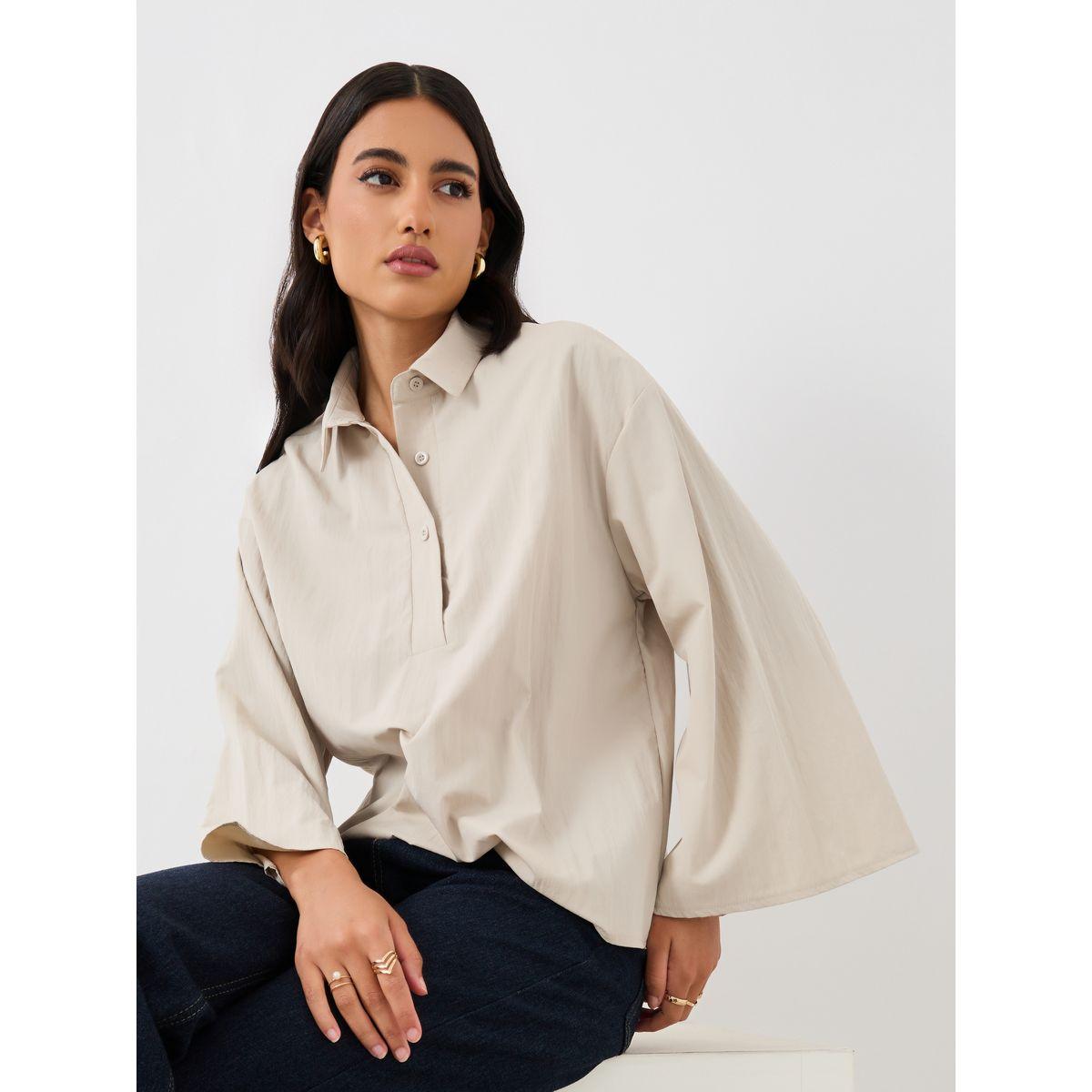 بلوزة سادة بقصة بوكسي وياقة سبريد-women-clothing-shirtsandblouses-shirts-image-5