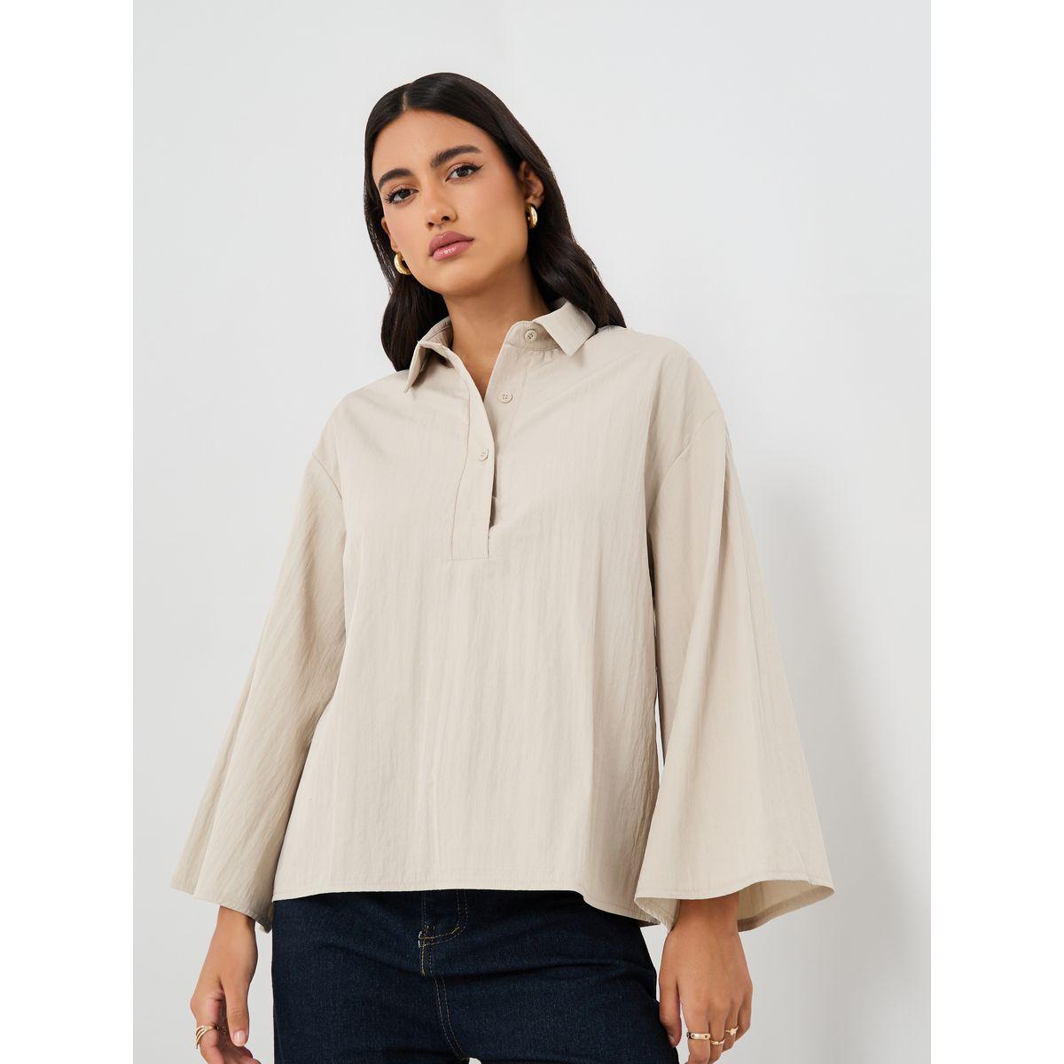 بلوزة سادة بقصة بوكسي وياقة سبريد-women-clothing-shirtsandblouses-shirts-image-3