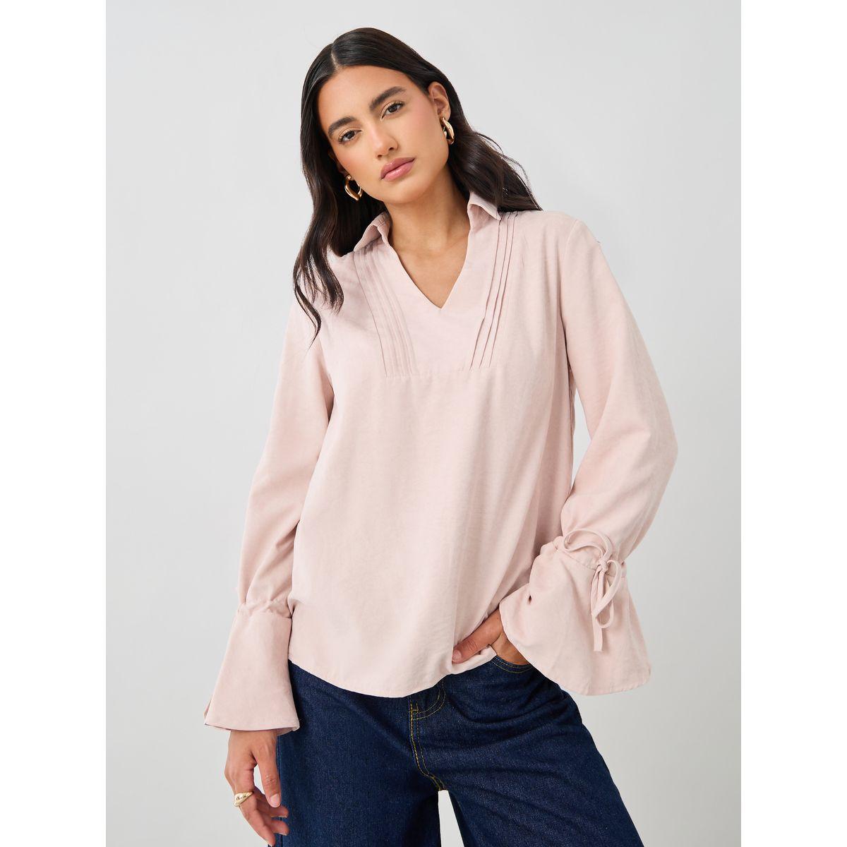 بلوزة سادة بقصة عادية وأكمام فلوت مع حزوز-women-clothing-shirtsandblouses-shirts-image-1