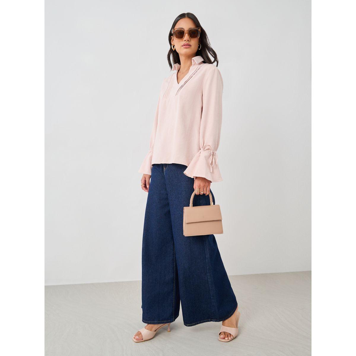 بلوزة سادة بقصة عادية وأكمام فلوت مع حزوز-women-clothing-shirtsandblouses-shirts-image-2