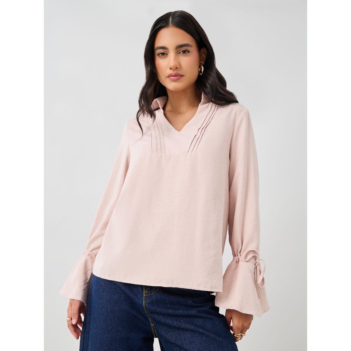 بلوزة سادة بقصة عادية وأكمام فلوت مع حزوز-women-clothing-shirtsandblouses-shirts-image-3