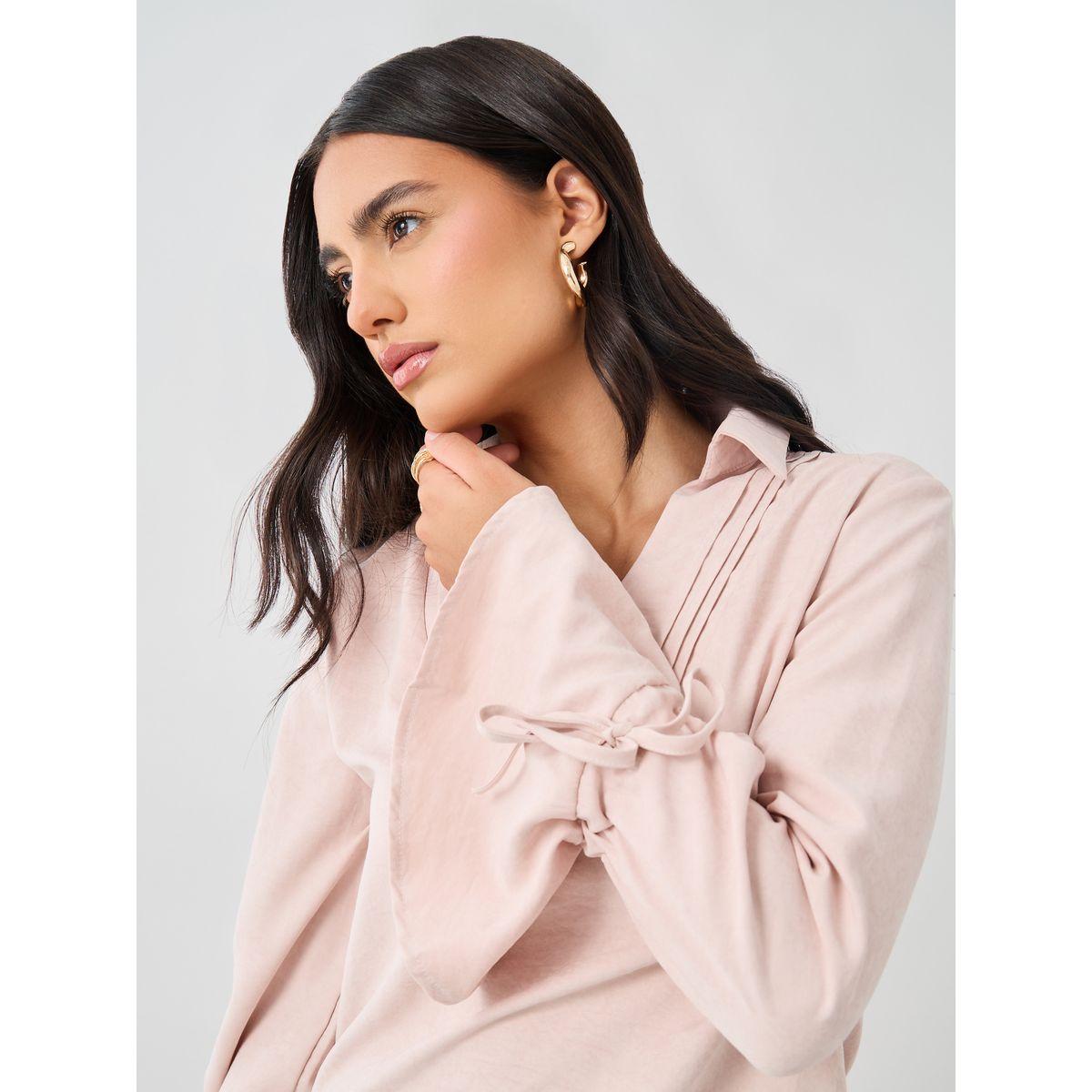 بلوزة سادة بقصة عادية وأكمام فلوت مع حزوز-women-clothing-shirtsandblouses-shirts-image-4