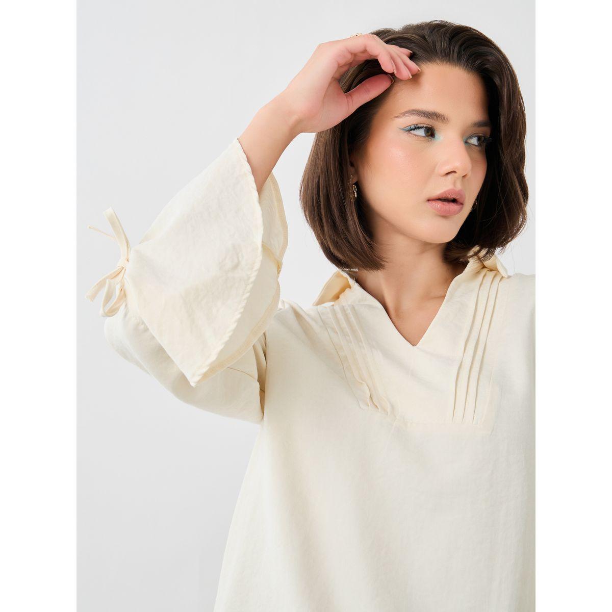 Styli Solid Flute Sleeves Regular Fit Popover Shirt with Pintuck Detail-women-clothing-shirtsandblouses-shirts-image-1