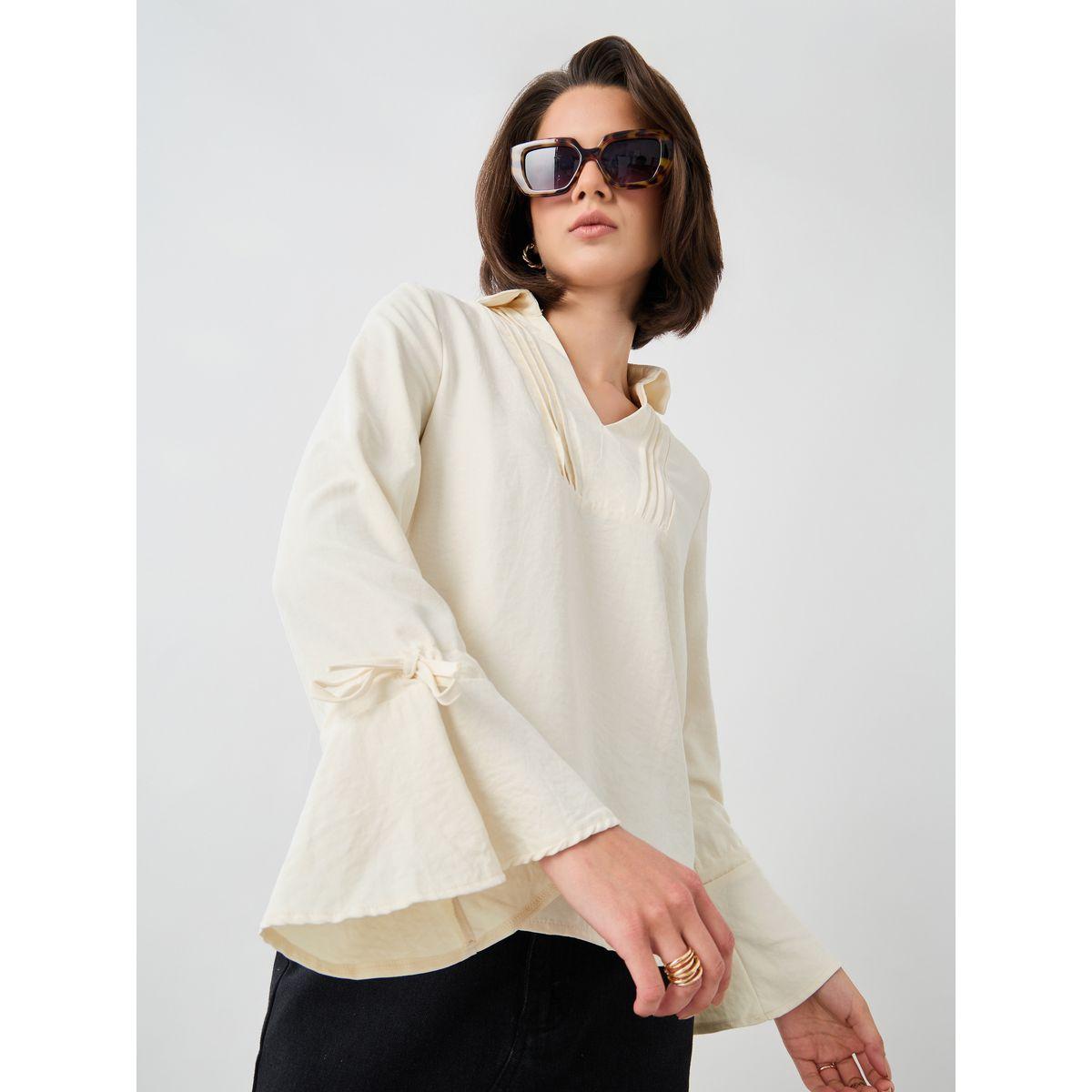 Styli Solid Flute Sleeves Regular Fit Popover Shirt with Pintuck Detail-women-clothing-shirtsandblouses-shirts-image-3