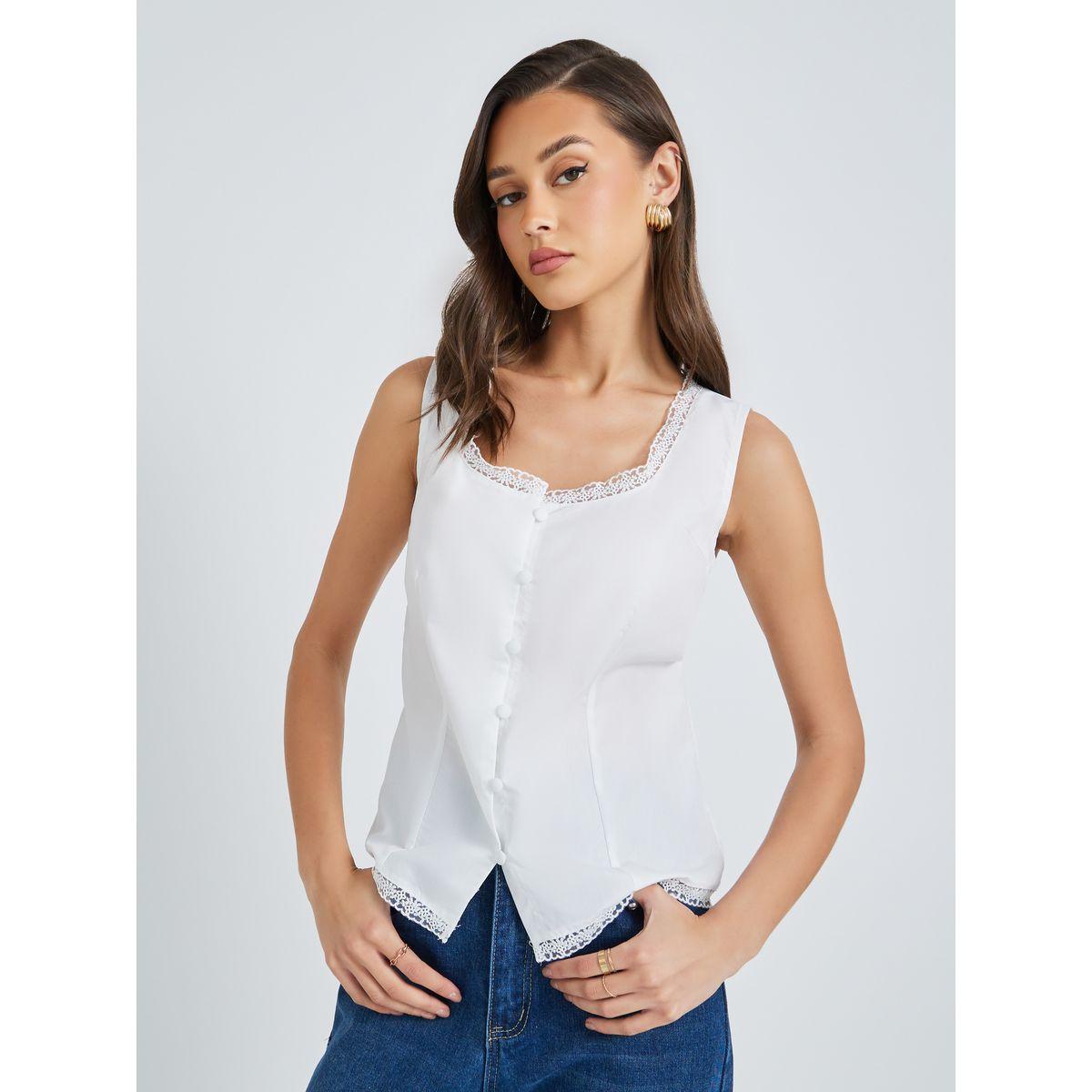 Styli Lace Trim Square Neck Buttoned Top-women-clothing-shirtsandblouses-blouses-image-1