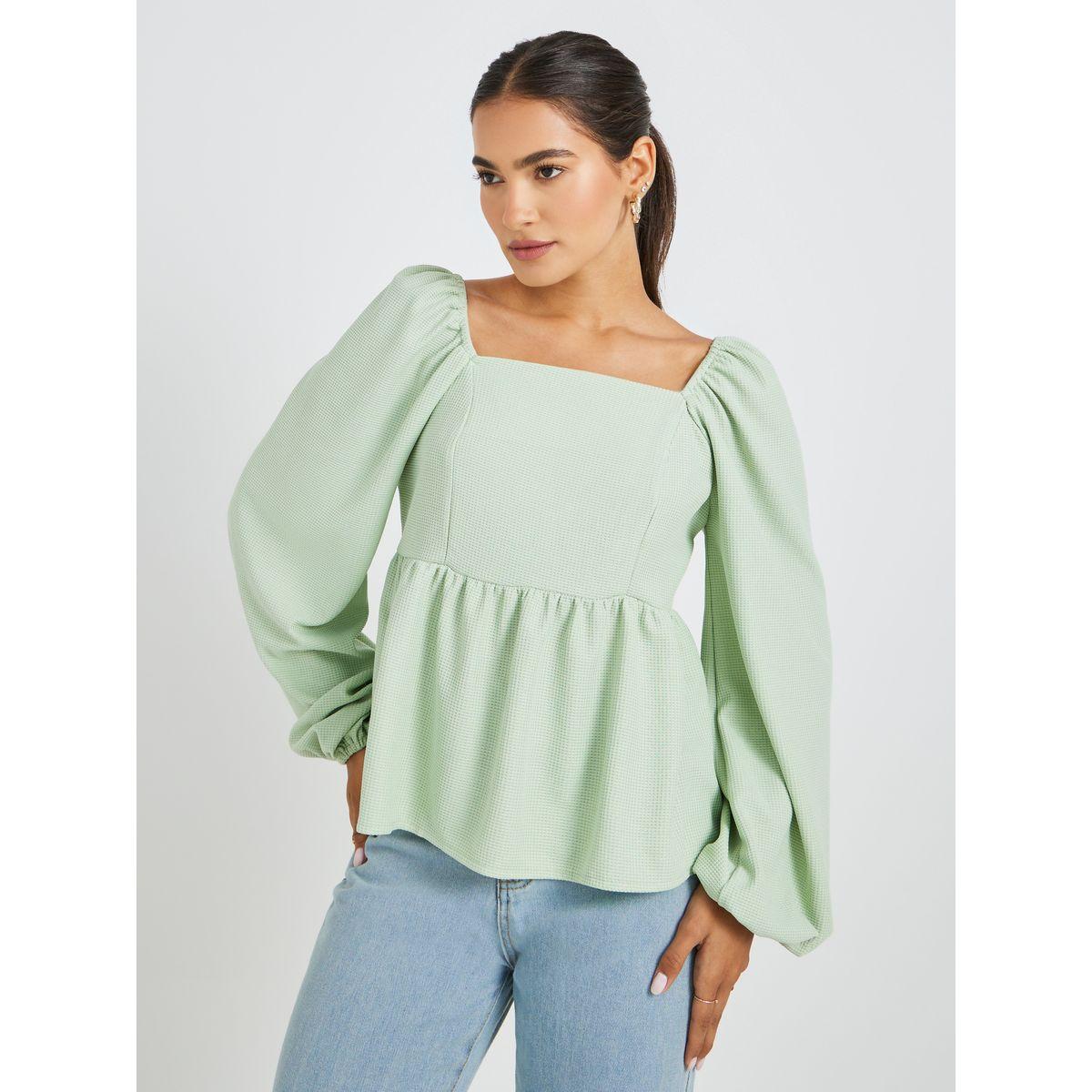 بلوزة بياقة واسعة وأكمام بالون-women-clothing-shirtsandblouses-blouses-image-1