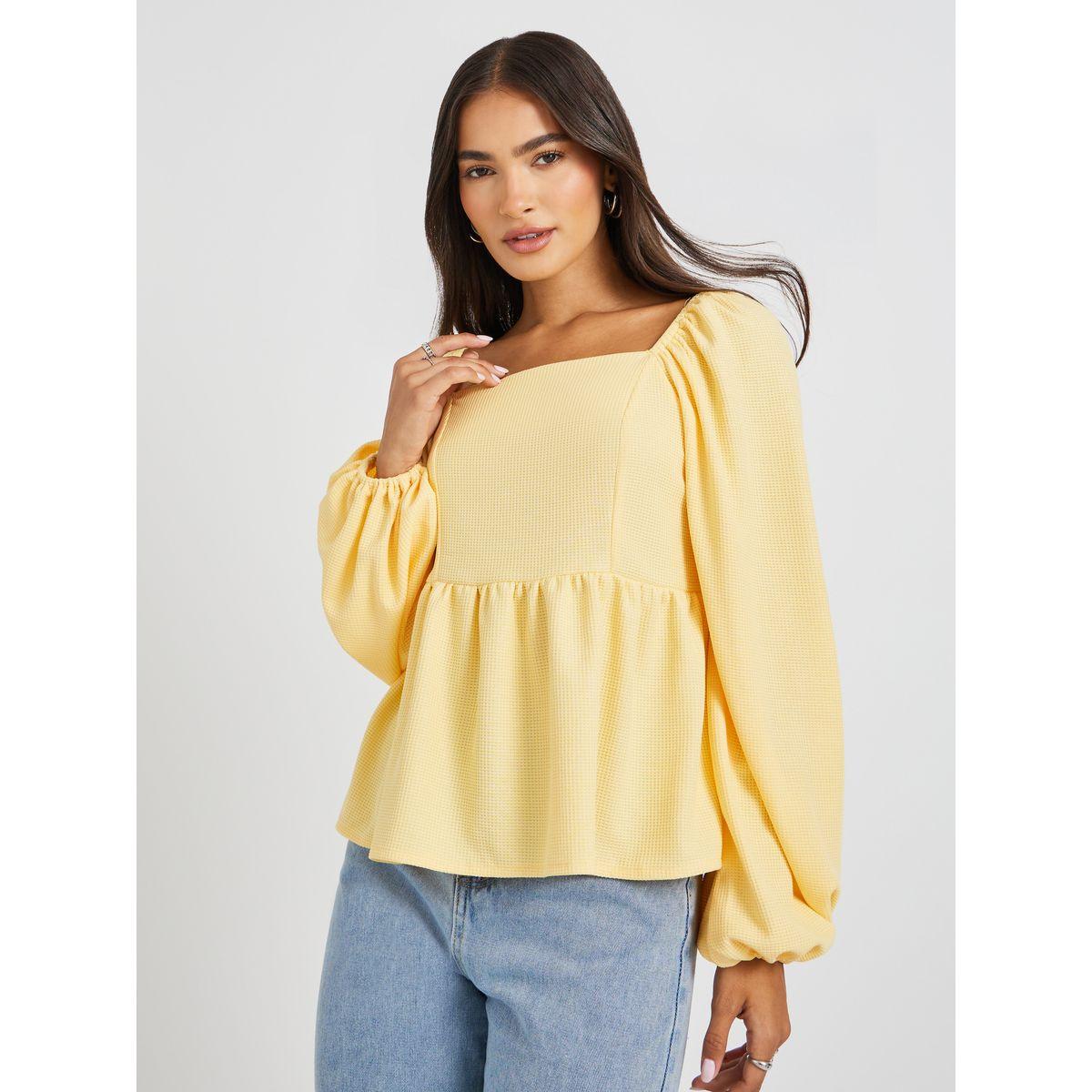 Styli Textured Balloon Sleeve Square Neck Blouse-women-clothing-shirtsandblouses-blouses-image-1