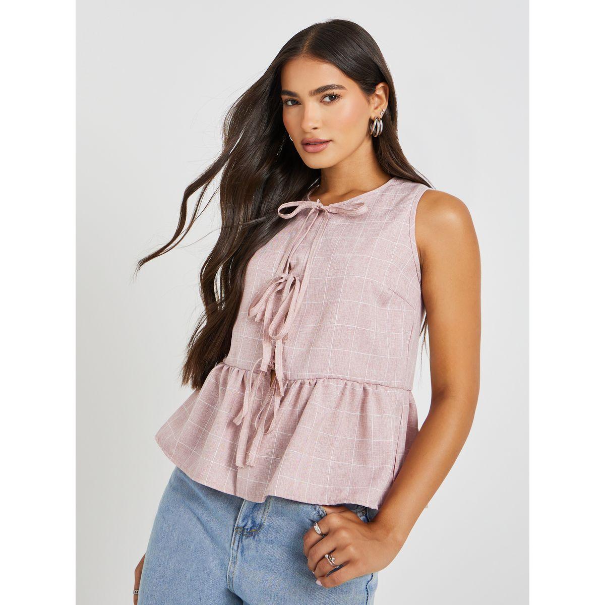 Styli Checked Sleeveless Top with Tie-Up Detail-women-clothing-shirtsandblouses-blouses-image-1