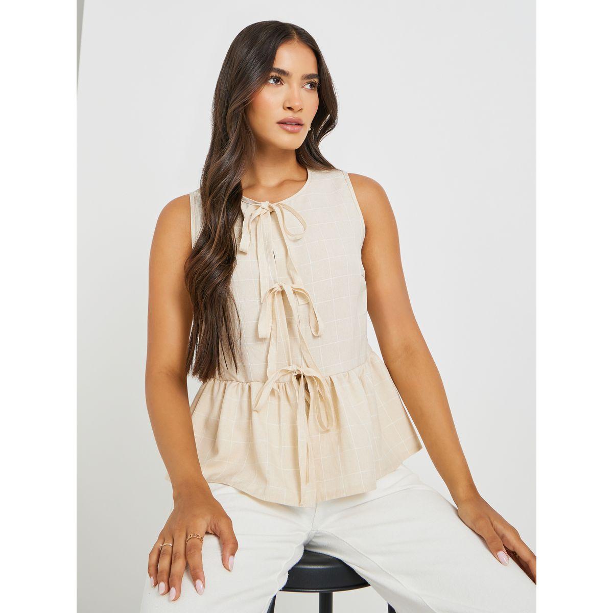بلوزة بلا أكمام بطبعة مربعات وأربطة-women-clothing-shirtsandblouses-blouses-image-1