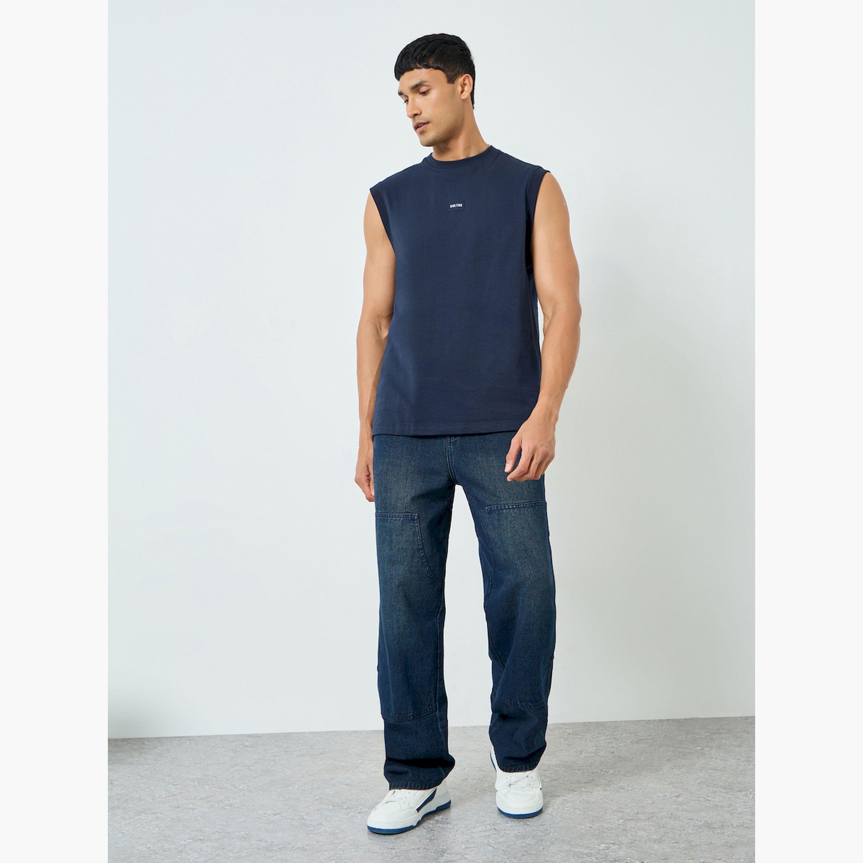 بلوزة رجالي بدون أكمام بلون كحلي مع رقعة منسوجة-men-clothing-tshirtsandpolos-tshirts-image-2