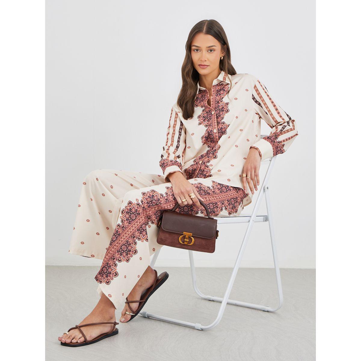 Styli Printed Long Sleeve Shirt and Wide Leg Pants Co-Ords-women-clothing-coordsets-image-1