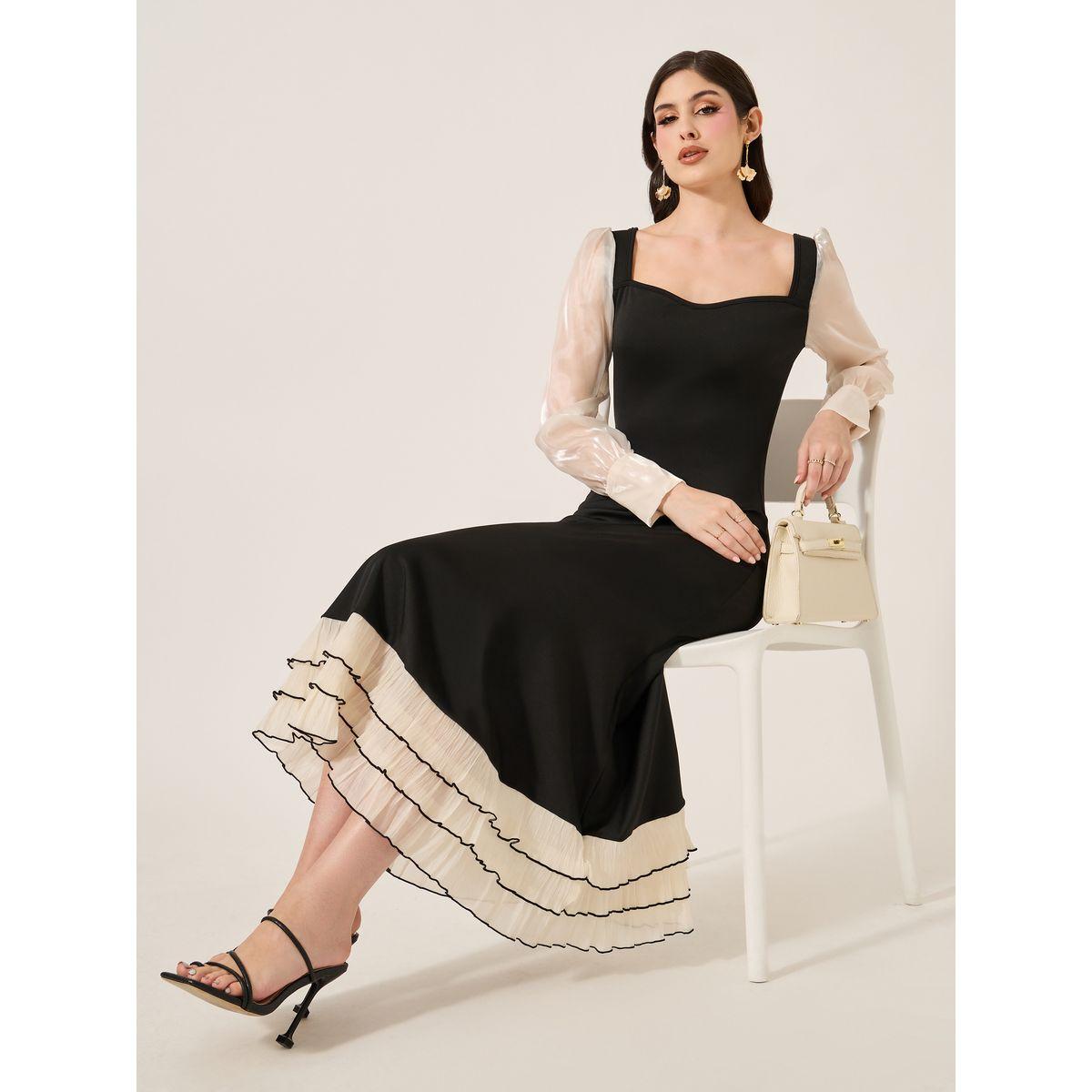 Styli Black Color Block Long Sleeve Layered Maxi Dress-women-clothing-dresses-image-1