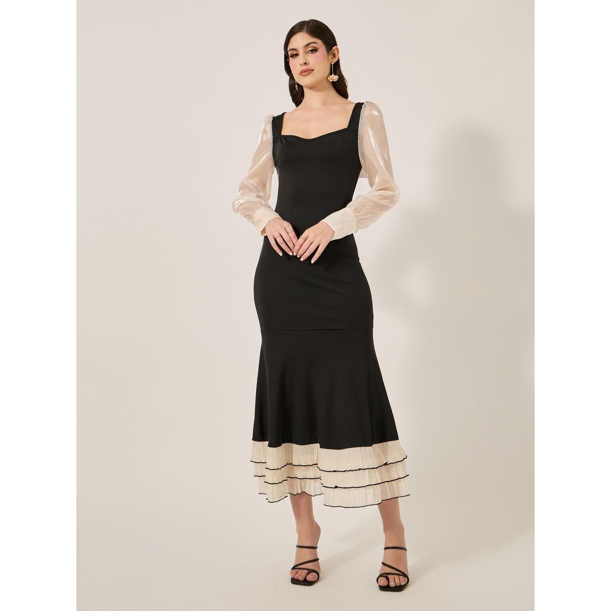 Styli Black Color Block Long Sleeve Layered Maxi Dress-women-clothing-dresses-image-2