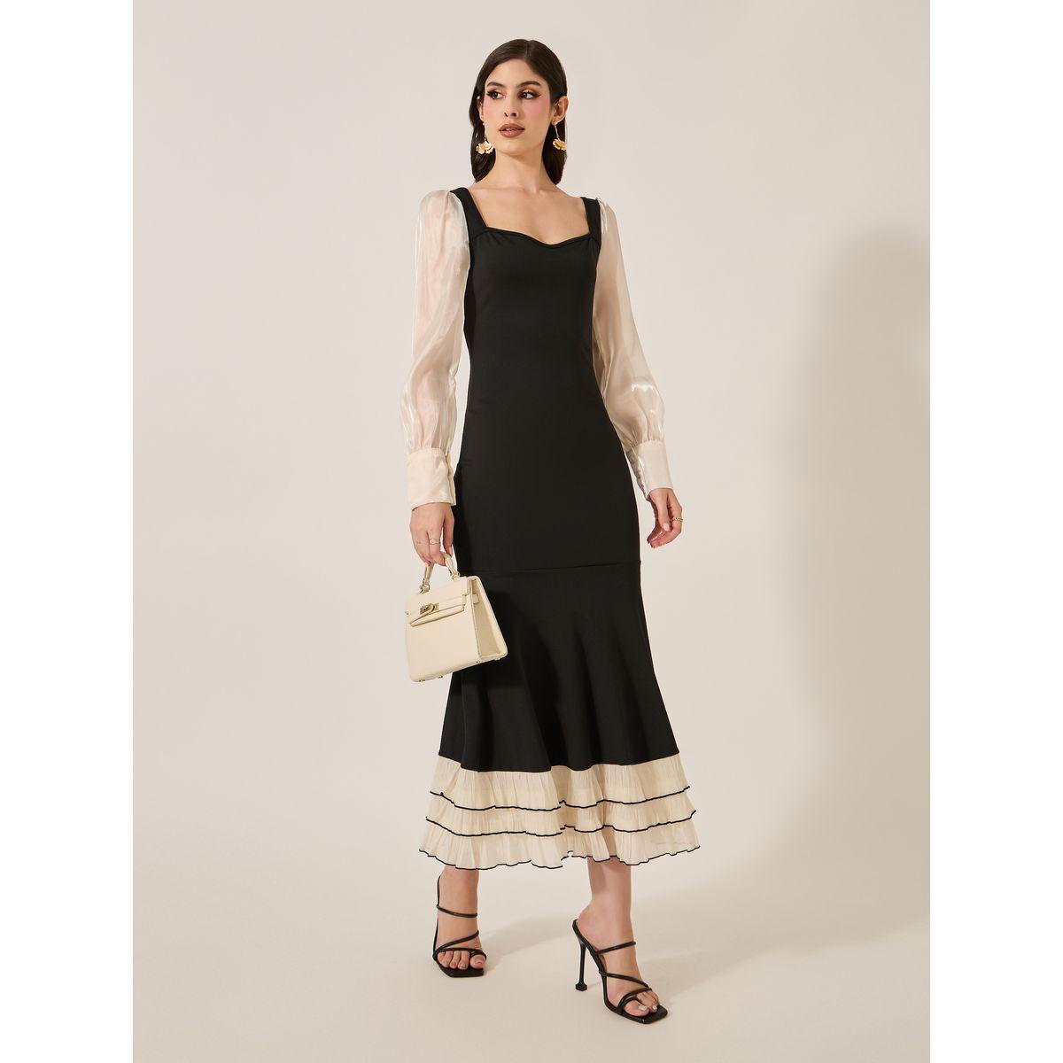 Styli Black Color Block Long Sleeve Layered Maxi Dress-women-clothing-dresses-image-3