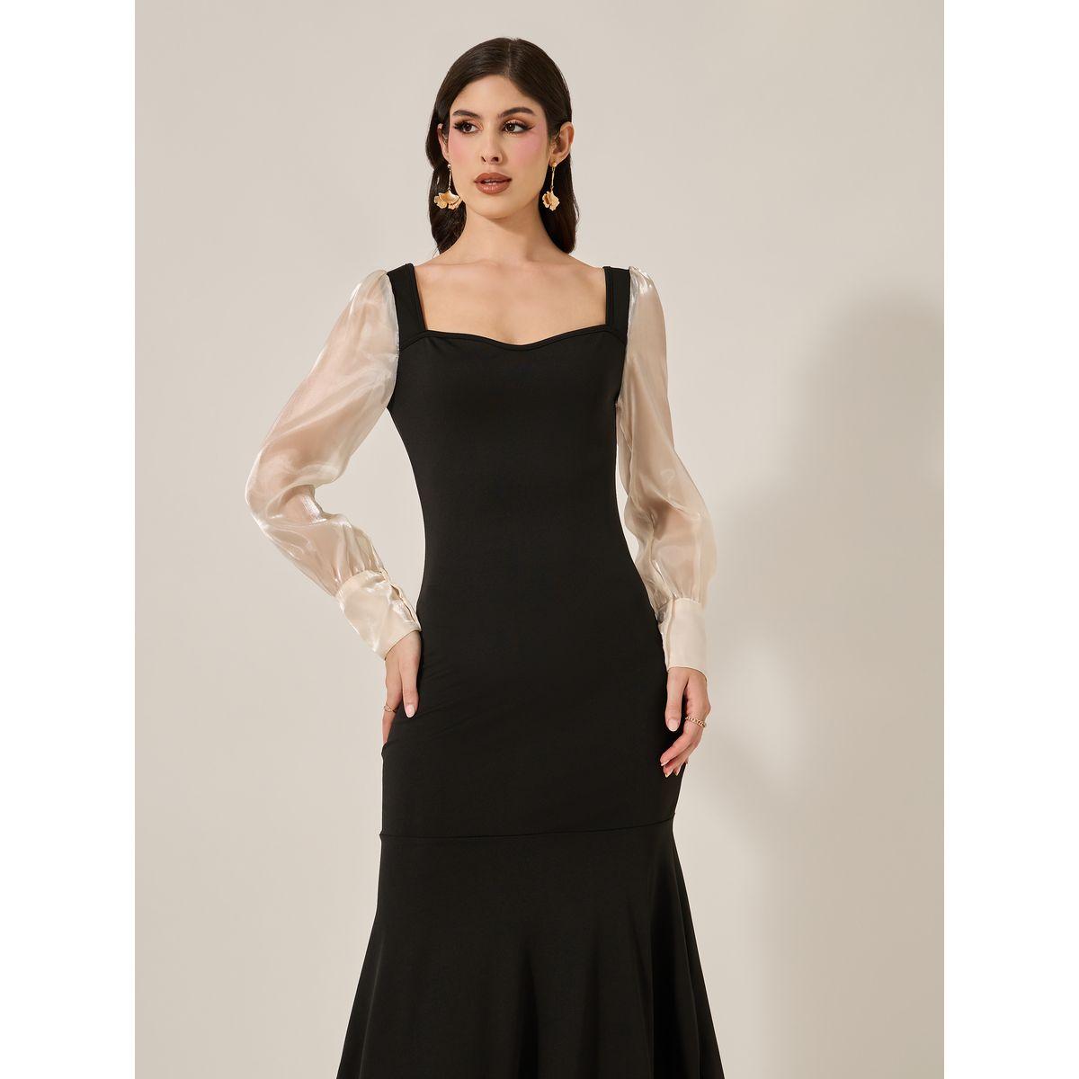 Styli Black Color Block Long Sleeve Layered Maxi Dress-women-clothing-dresses-image-4