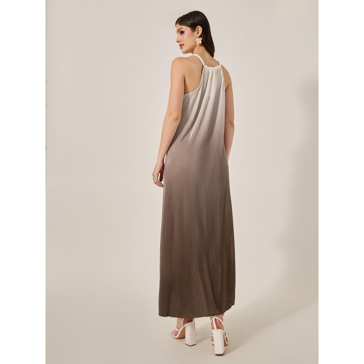 Styli Khaki Pleated Sleeveless Halter Neck Maxi Dress-women-clothing-dresses-image-5