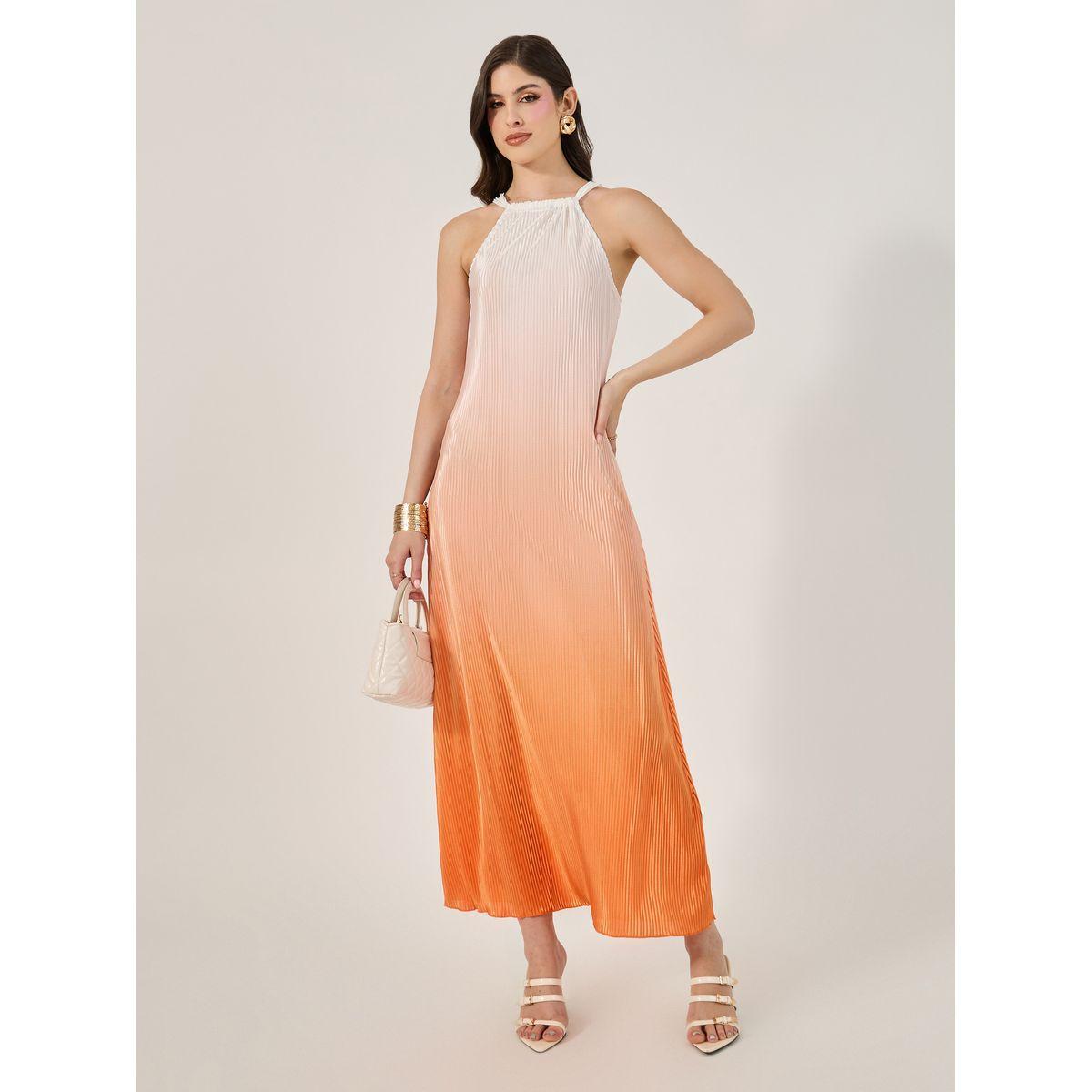 Styli Orange Pleated Sleeveless Halter Neck Maxi Dress-women-clothing-dresses-image-1