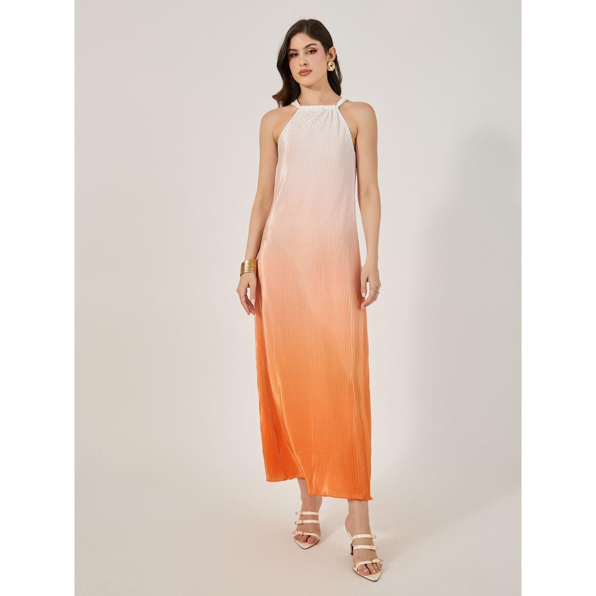 Styli Orange Pleated Sleeveless Halter Neck Maxi Dress-women-clothing-dresses-image-2