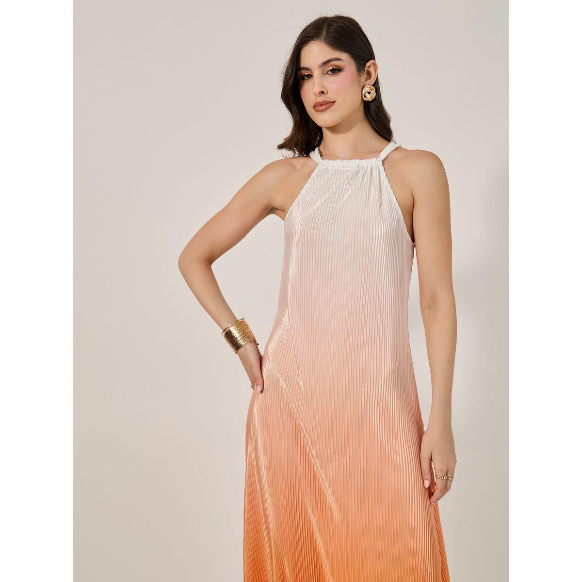 Styli Orange Pleated Sleeveless Halter Neck Maxi Dress-women-clothing-dresses-image-3