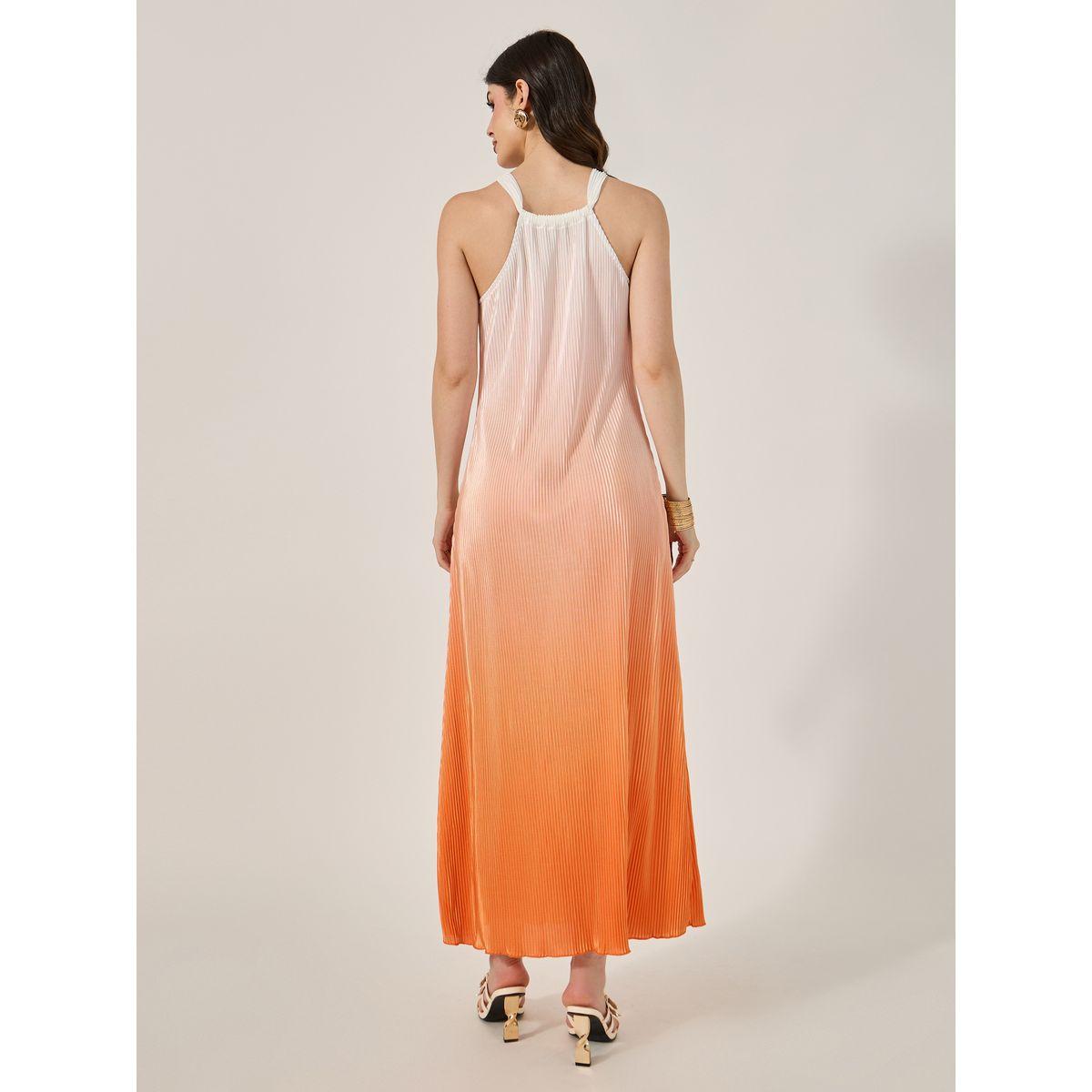 Styli Orange Pleated Sleeveless Halter Neck Maxi Dress-women-clothing-dresses-image-5