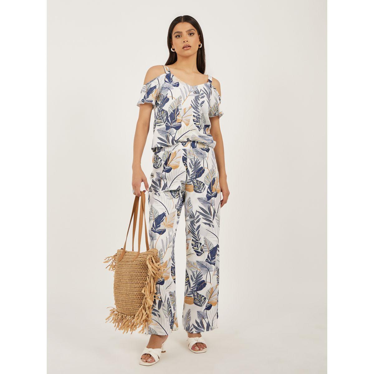Styli Women Printed Cold-Shoulder Sleeve Top and Wide Leg Pants Co-Ords-women-clothing-coordsets-image-1