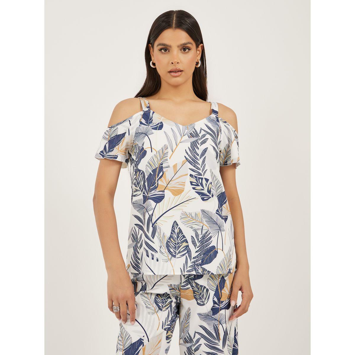 Styli Women Printed Cold-Shoulder Sleeve Top and Wide Leg Pants Co-Ords-women-clothing-coordsets-image-2