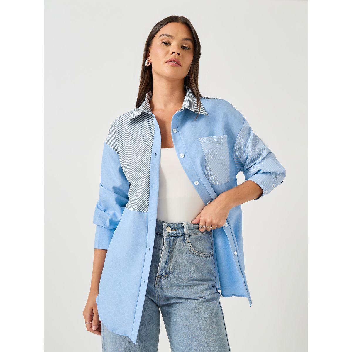 Styli Women Color Block Pocket Detail Oversized Shirt-women-clothing-shirtsandblouses-shirts-image-1
