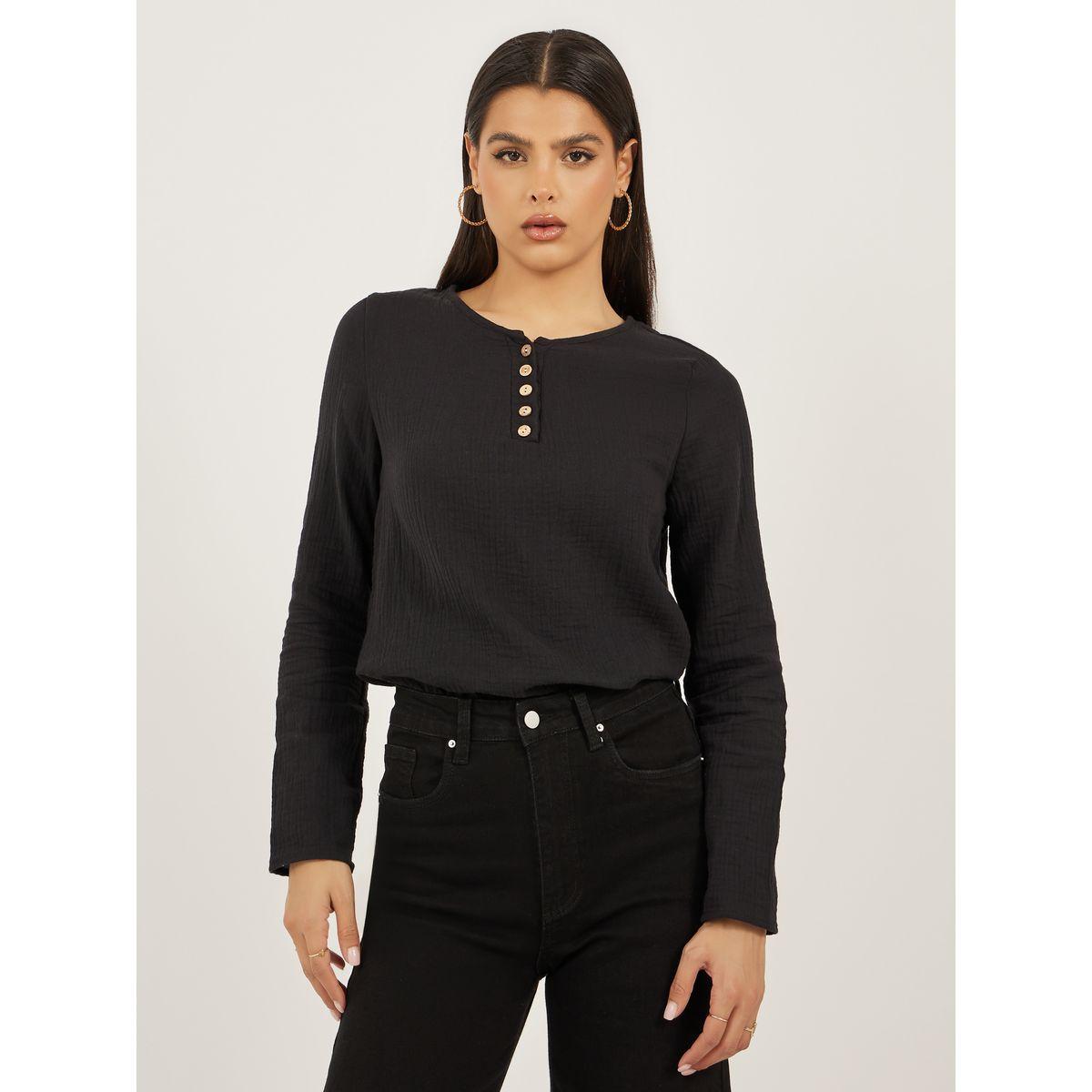 Styli Women Solid Half Button Front Top-women-clothing-shirtsandblouses-blouses-image-1