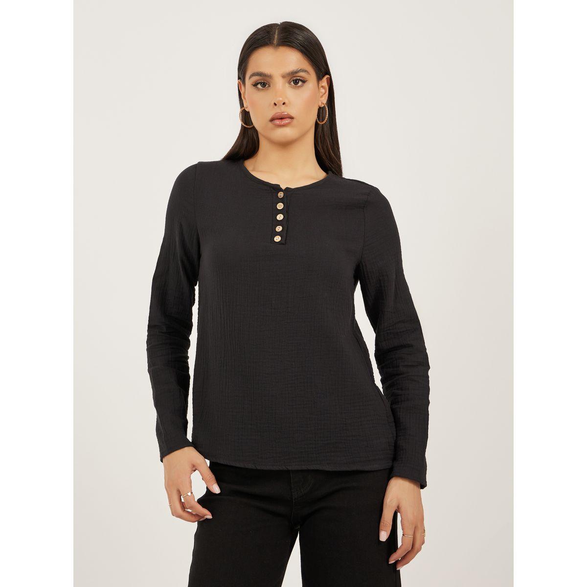 Styli Women Solid Half Button Front Top-women-clothing-shirtsandblouses-blouses-image-2