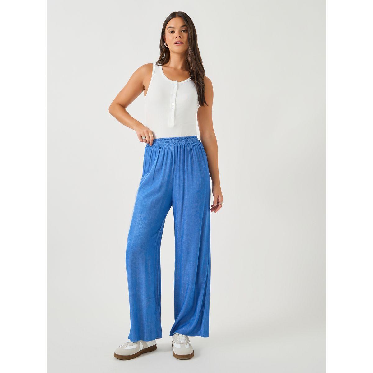 Styli Women Blue Solid Elastic Waistband Wide Leg Pants-women-clothing-bottoms-joggers-image-1
