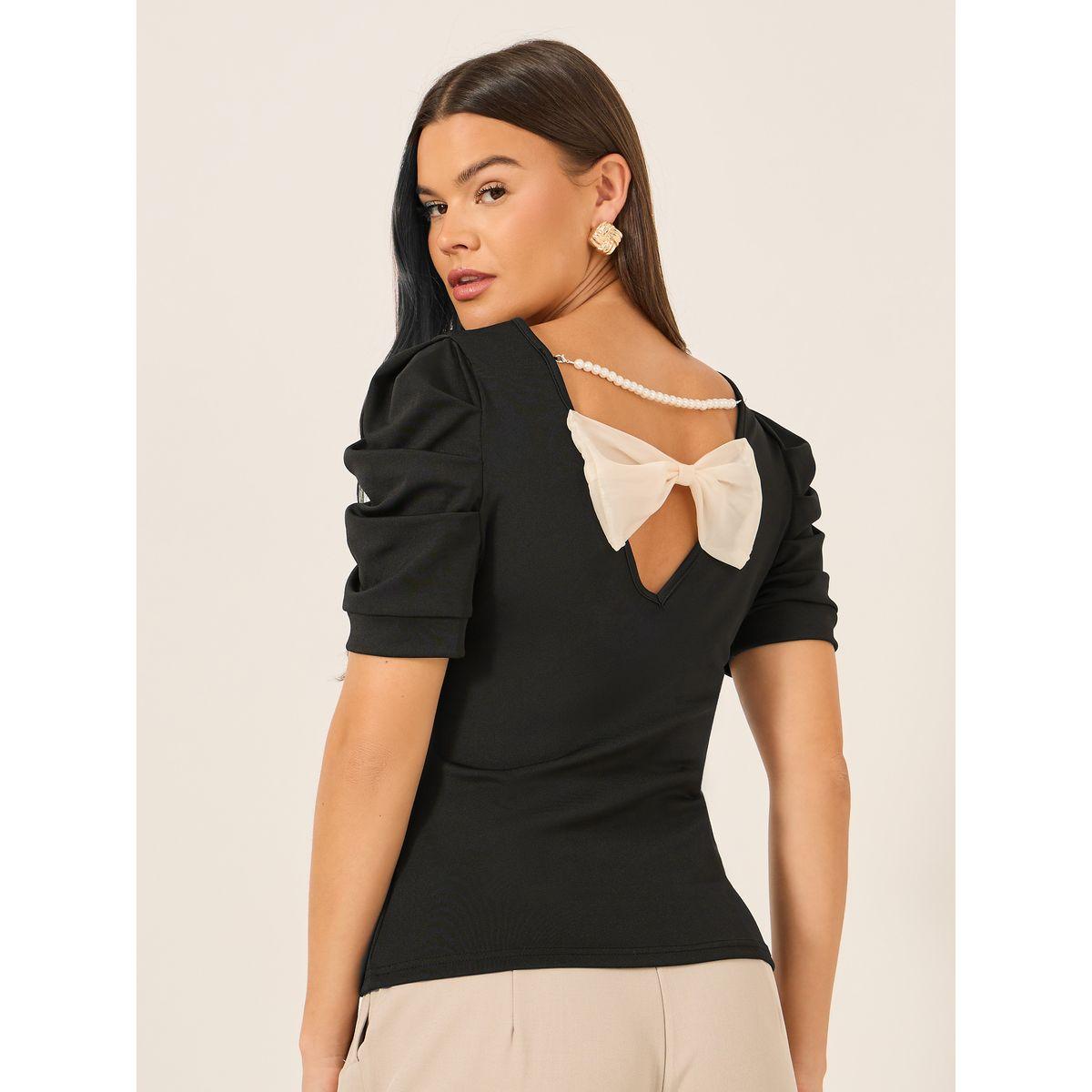 Styli Solid Puff Sleeves Slim Fit T-Shirt with Back Bow Detail-women-clothing-tshirts-image-1