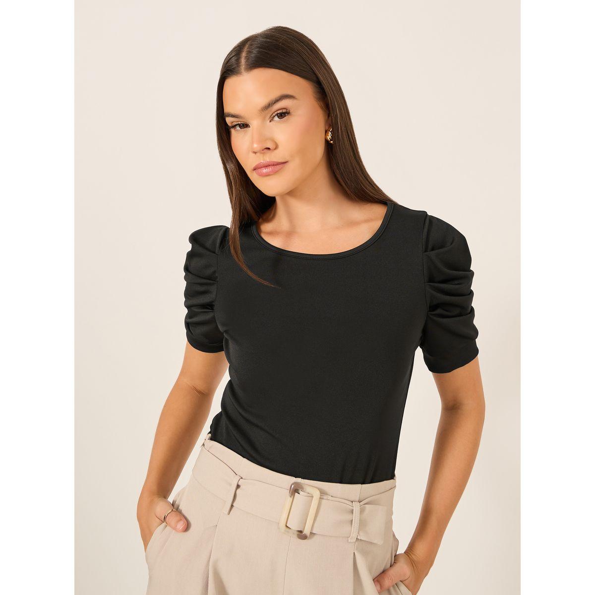Styli Solid Puff Sleeves Slim Fit T-Shirt with Back Bow Detail-women-clothing-tshirts-image-3
