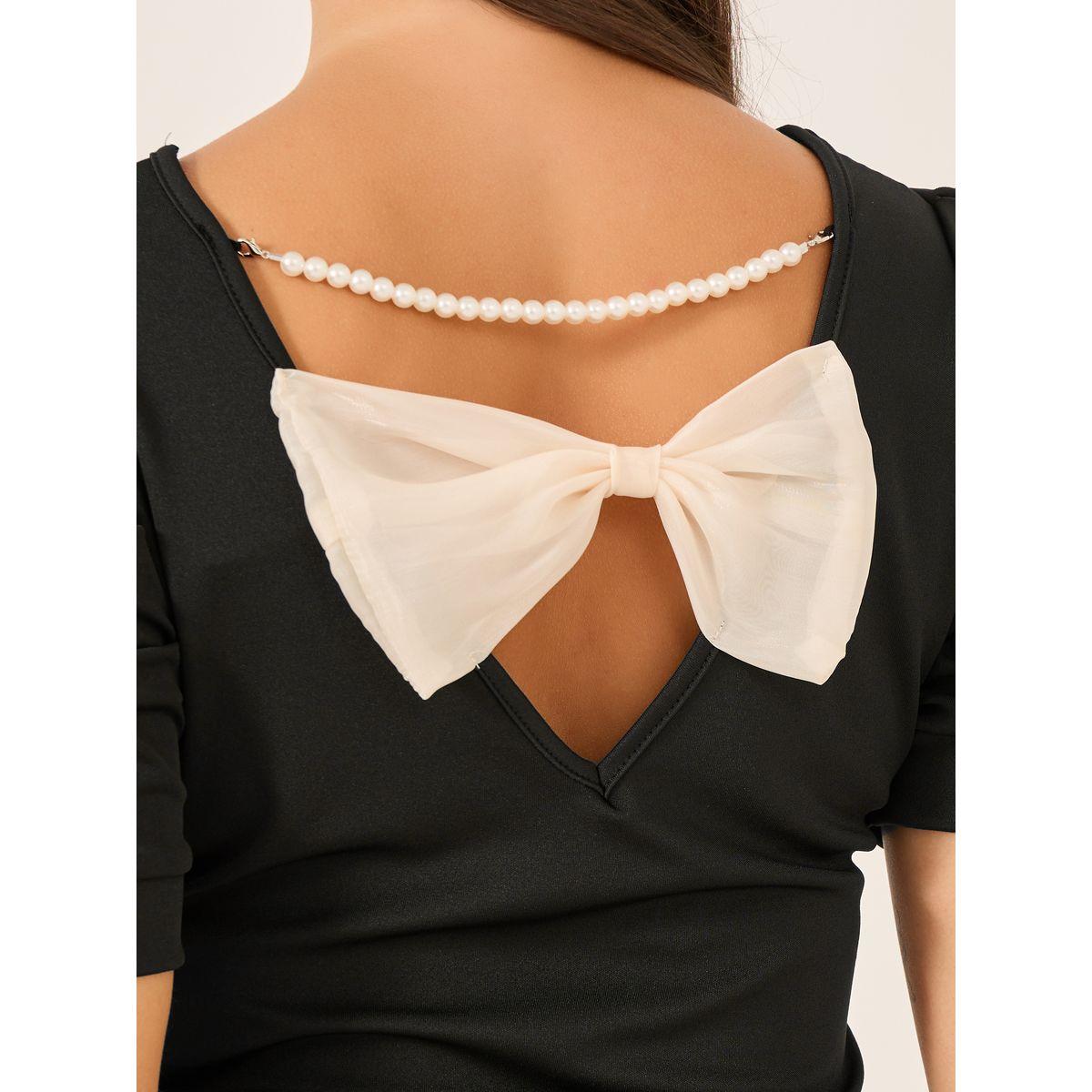 Styli Solid Puff Sleeves Slim Fit T-Shirt with Back Bow Detail-women-clothing-tshirts-image-4